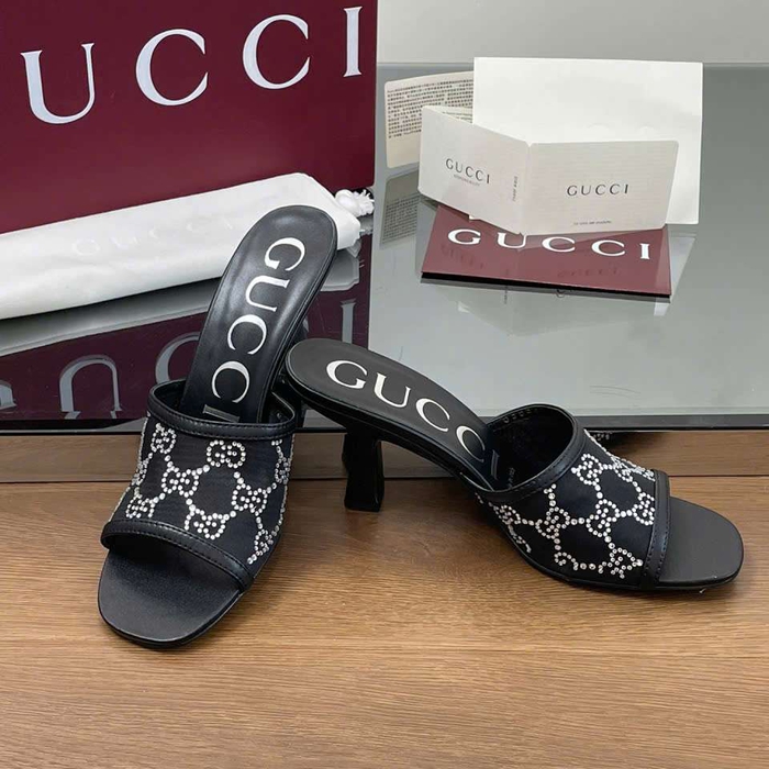 Dép Gucci Like Auth Cao Gót Quai Lưới Đính Đá Sang Chảnh Êm Chân