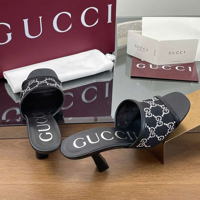 Dép Gucci Like Auth Cao Gót Quai Lưới Đính Đá Sang Chảnh Êm Chân