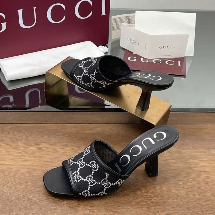Dép Gucci Like Auth Cao Gót Quai Lưới Đính Đá Sang Chảnh Êm Chân