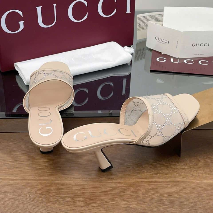 Dép Gucci Like Auth Cao Gót Quai Lưới Đính Đá Sang Chảnh Êm Chân