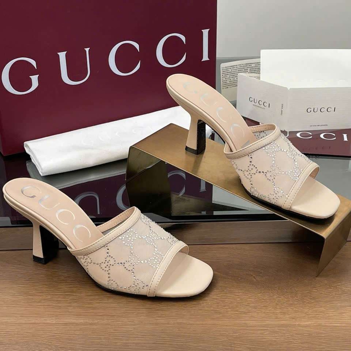 Dép Gucci Like Auth Cao Gót Quai Lưới Đính Đá Sang Chảnh Êm Chân