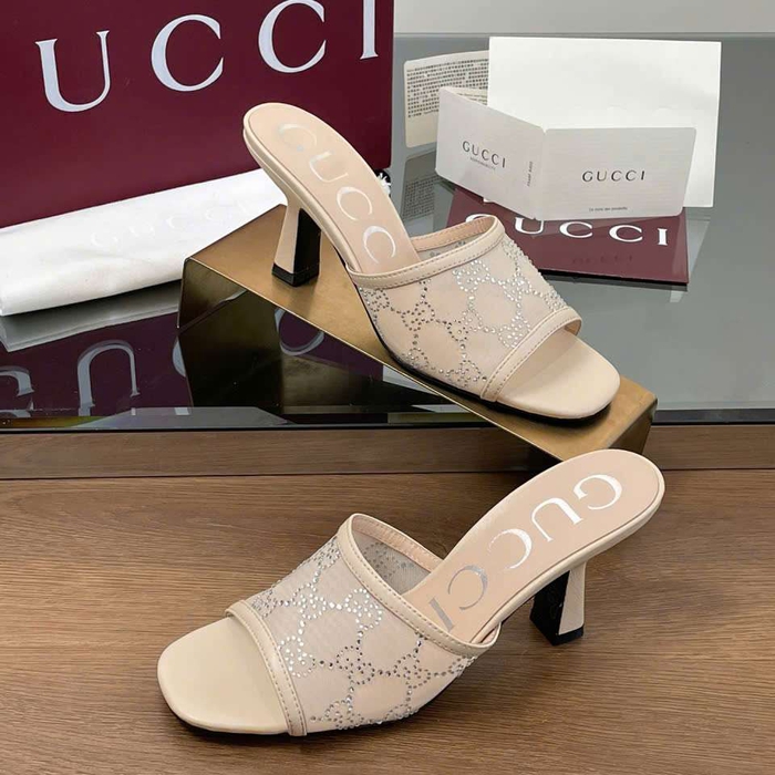 Dép Gucci Like Auth Cao Gót Quai Lưới Đính Đá Sang Chảnh Êm Chân