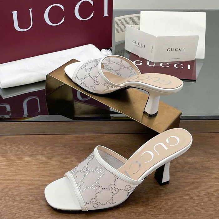 Dép Gucci Like Auth Cao Gót Quai Lưới Đính Đá Sang Chảnh Êm Chân