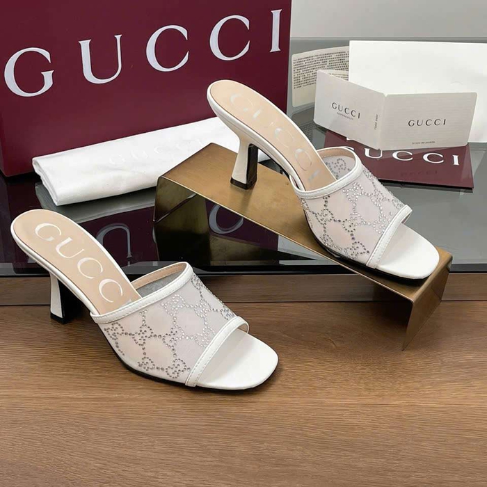 Dép Gucci Like Auth Cao Gót Quai Lưới Đính Đá Sang Chảnh Êm Chân