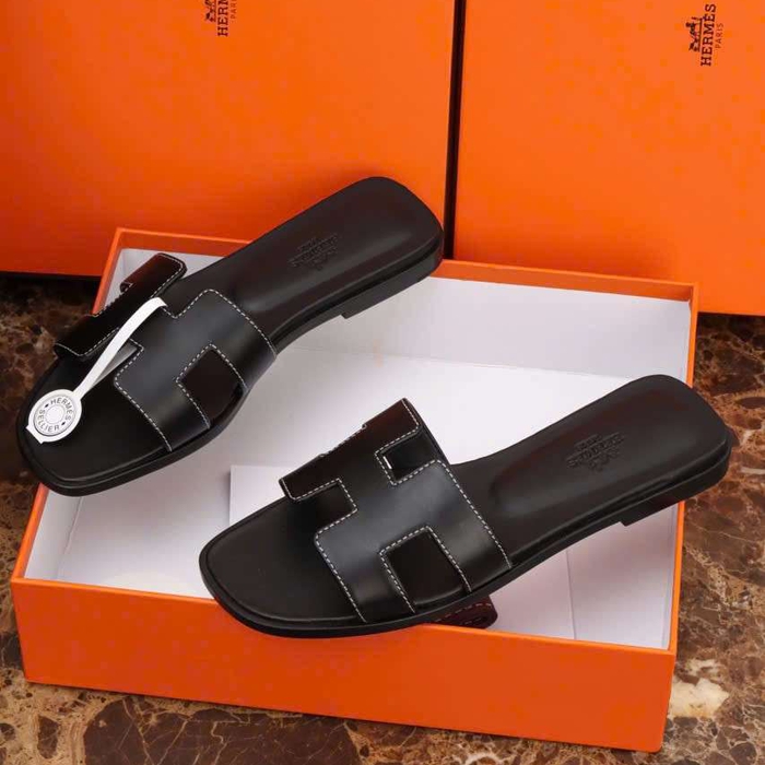 Dép Hermes Oran Da Thật Màu Đen Luxury Êm Chân Dễ Sử Dụng