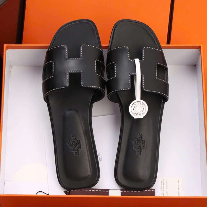 Dép Hermes Oran Da Thật Màu Đen Luxury Êm Chân Dễ Sử Dụng