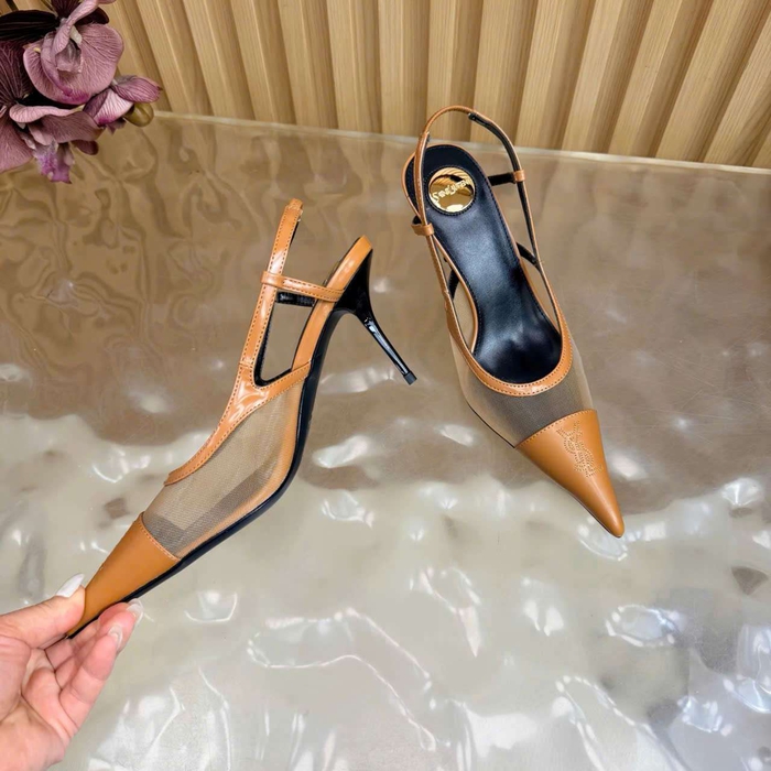 Giày Cao Gót Ysl Da Phối Lưới Luxury Thoáng Mát Khi Trời Nóng