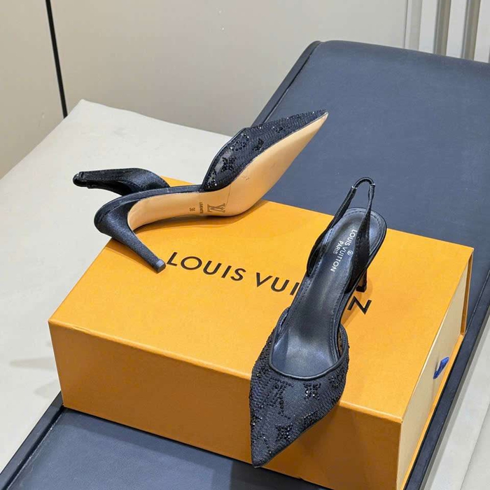 Giày Sandal Cao Gót Louis Vuitton Lưới Đính Đá Like Auth Sang Chảnh
