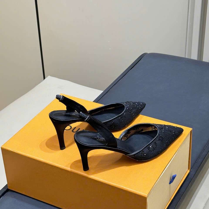 Giày Sandal Cao Gót Louis Vuitton Lưới Đính Đá Like Auth Sang Chảnh