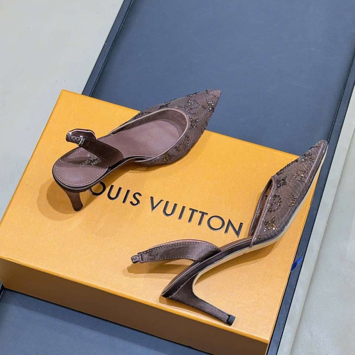 Giày Sandal Cao Gót Louis Vuitton Lưới Đính Đá Like Auth Sang Chảnh
