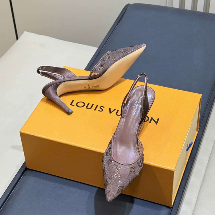 Giày Sandal Cao Gót Louis Vuitton Lưới Đính Đá Like Auth Sang Chảnh