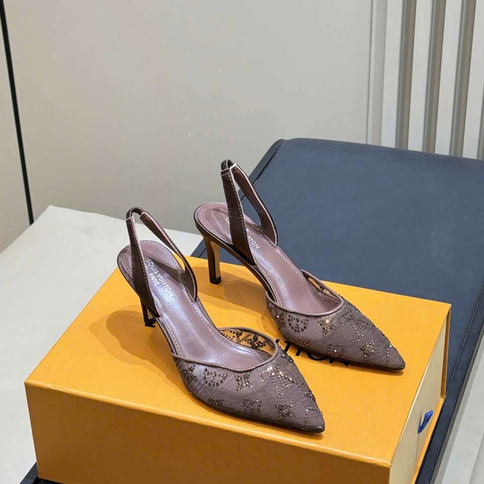 Giày Sandal Cao Gót Louis Vuitton Lưới Đính Đá Like Auth Sang Chảnh