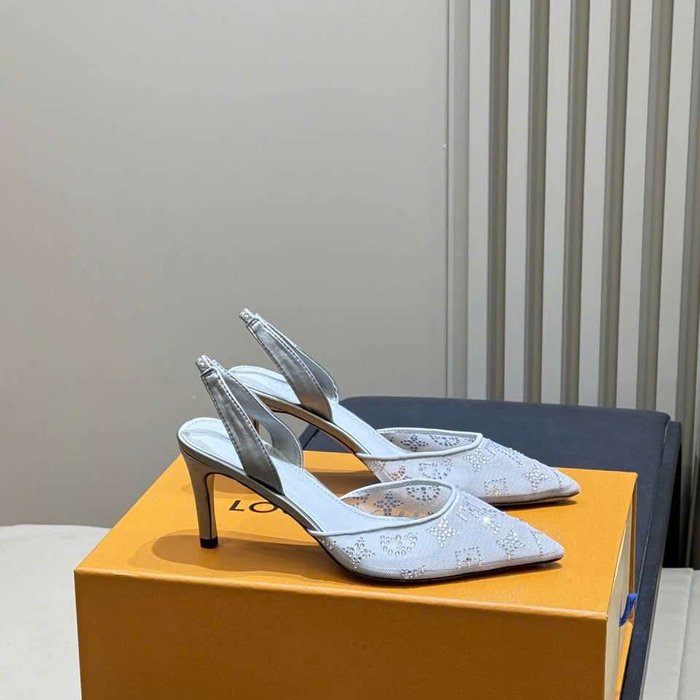 Giày Sandal Cao Gót Louis Vuitton Lưới Đính Đá Like Auth Sang Chảnh