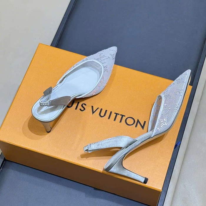 Giày Sandal Cao Gót Louis Vuitton Lưới Đính Đá Like Auth Sang Chảnh