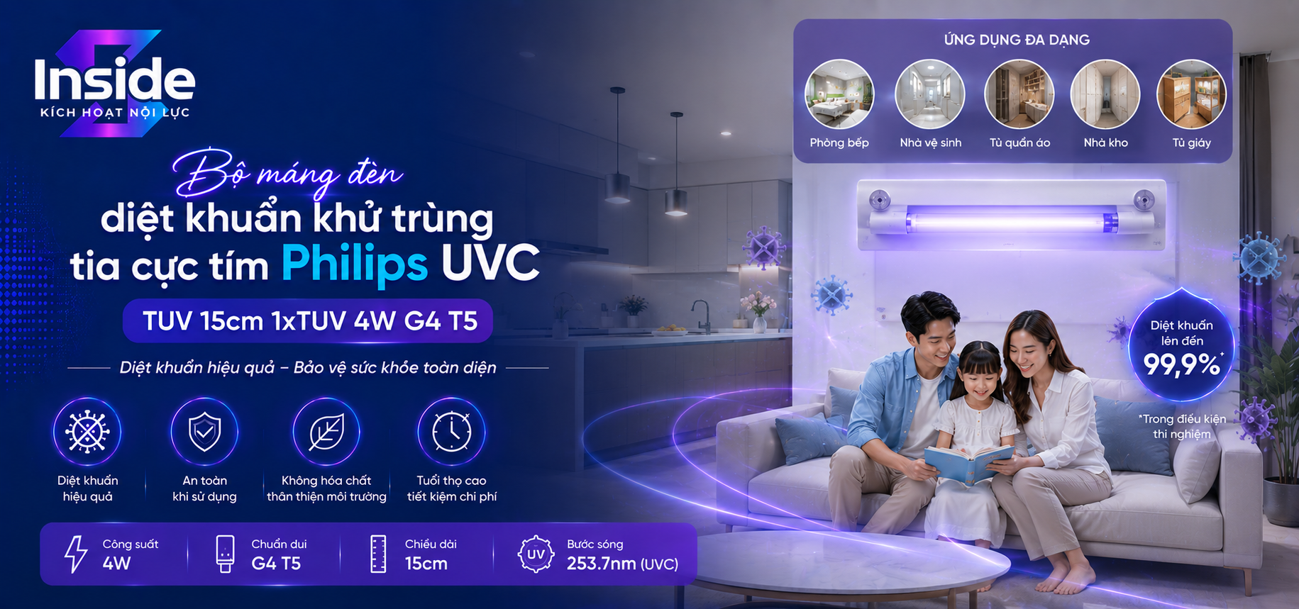 Bộ máng đèn diệt khuẩn TUV Philips UVC 15cm