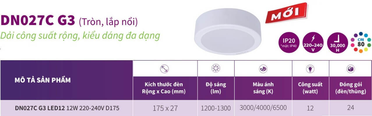 Thông số kỹ thuật của Đèn downlight Led lắp nổi tròn Philips DN027C G3 LED12 12W 6500K 220-240V D175 Thông số kỹ thuật của Đèn downlight Led lắp nổi tròn Philips DN027C G3 LED12 12W 6500K 220-240V D175