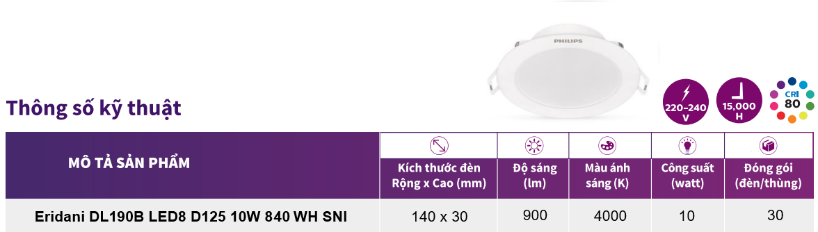Thông số kỹ thuật đèn Downlight âm trần LED Philips Eridani DL190B LED8 D125 10W 840 WH SNI Thông số kỹ thuật đèn Downlight âm trần LED Philips Eridani DL190B LED8 D125 10W 840 WH SNI