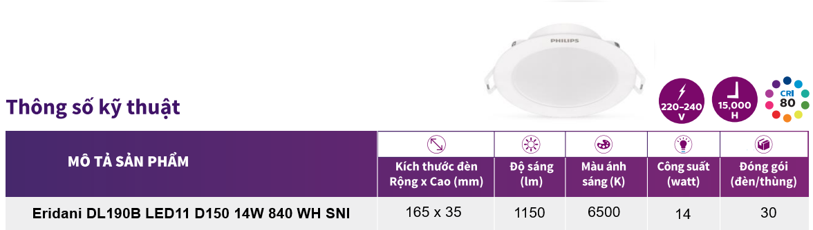 Thông số kỹ thuật đèn Downlight âm trần LED Philips Eridani DL190B LED11 D150 14W 865 WH SNI Thông số kỹ thuật đèn Downlight âm trần LED Philips Eridani DL190B LED11 D150 14W 865 WH SNI