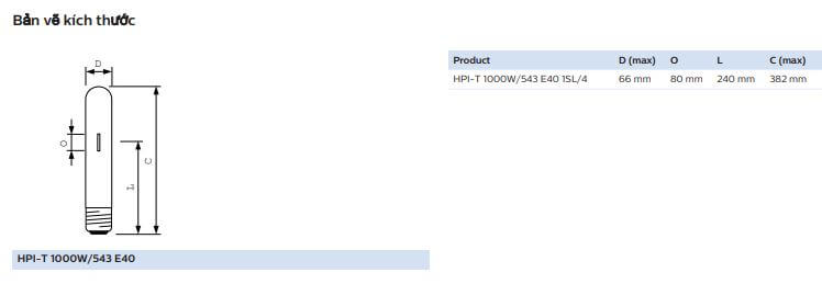 Kích thước của bóng đèn cao áp Metal HPI-T 1000W/543 Kích thước của bóng đèn cao áp Metal HPI-T 1000W/543