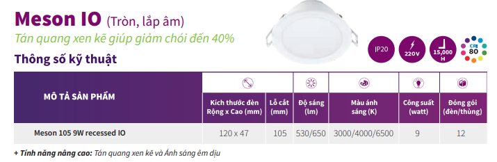 Thông số kỹ thuật đèn Downlight âm trần Led Philips 59449 Meson 105 9W 40K recessed IO Thông số kỹ thuật đèn Downlight âm trần Led Philips 59449 Meson 105 9W 40K recessed IO