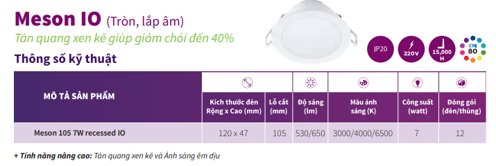 Thông số kỹ thuật đèn Downlight âm trần Led Philips 59448 Meson 105 7W 30K recessed IO Thông số kỹ thuật đèn Downlight âm trần Led Philips 59448 Meson 105 7W 30K recessed IO