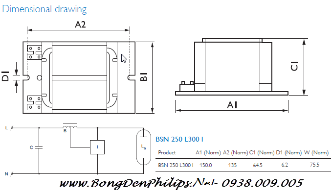 Kích thước Ballast (tăng phô/chấn lưu) bóng đèn cao áp SODIUM 250W Philips - BSN 250W L300 Kích thước Ballast (tăng phô/chấn lưu) bóng đèn cao áp SODIUM 250W Philips - BSN 250W L300