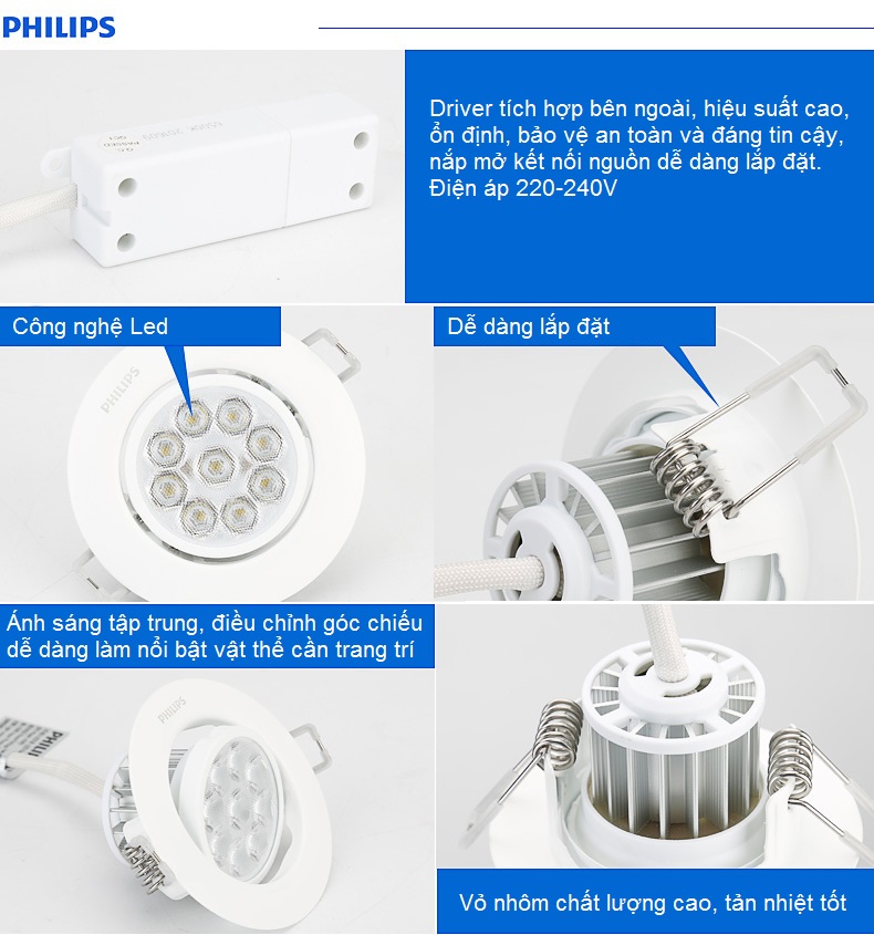 Đèn Downlight âm trần Led Philips Spotlight 41091 5W vật liệu cao cấp, khả năng tản nhiệt tuyệt vời mang đến tuổi thọ bền bỉ lên đến 20.000 giờ