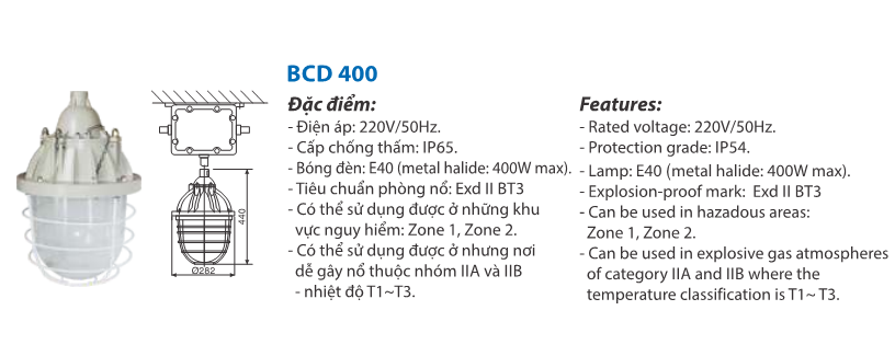 Bộ đèn cao áp phòng chống cháy nổ BCD400 sử dụng bóng cao áp Philips HPI-Plus 400 Bộ đèn cao áp phòng chống cháy nổ BCD400 sử dụng bóng cao áp Philips HPI-Plus 400