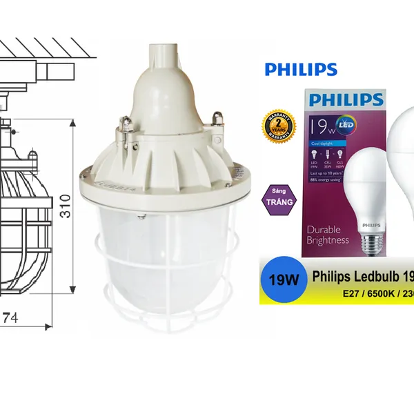 Bộ đèn phòng chống cháy nổ hiệu EEW BCD200 sử dụng bóng đèn Ledbulb 19W Philips