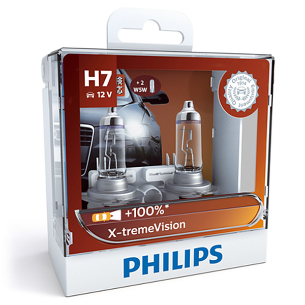 Bóng đèn pha ôtô/ xe hơi Philips Halogen H7 12972 XV 12V 55W PX26D S2 tăng sáng 100%, sáng vàng 3500K