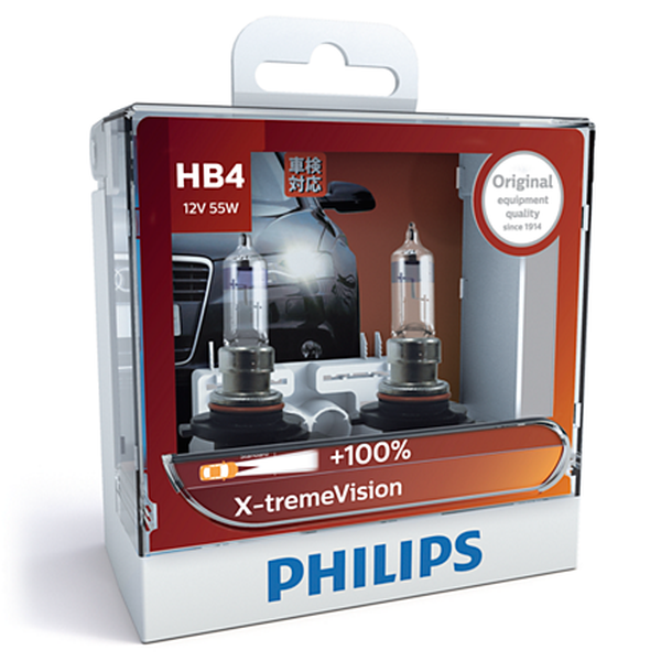 Bóng đèn pha ôtô/ xe hơi Philips Halogen HB4 9006 XV 12V 55W P22d S2 tăng sáng 100%, sáng vàng 3500K