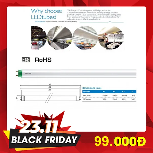 Combo 10 bóng đèn led tuýp Philips EcoFit LEDTube 1m2 20W 765 T8