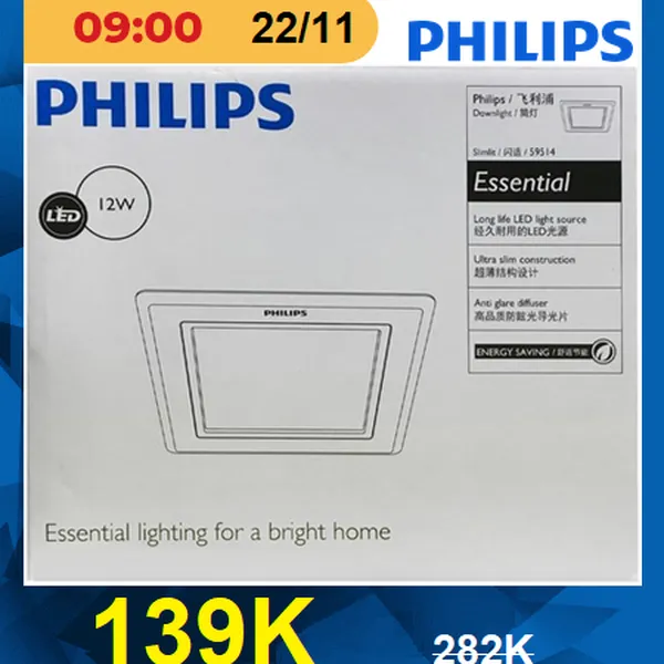 Combo 12 bộ Đèn Downlight âm trần vuông Led Philips 59514 4000K màu trug tính