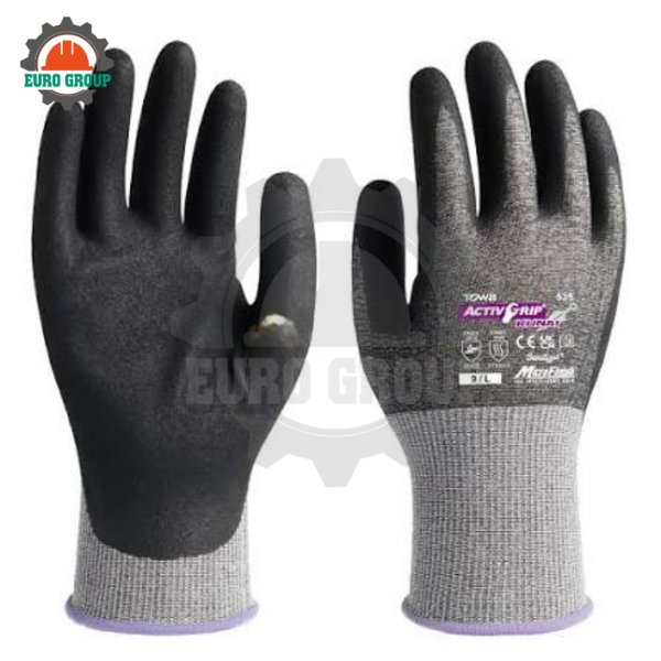 Găng Tay Towa ActivGrip KUNAI 535 Chống Cắt ISO E, Phủ Nitrile Kép, Tương Thích Màn Hình Cảm Ứng