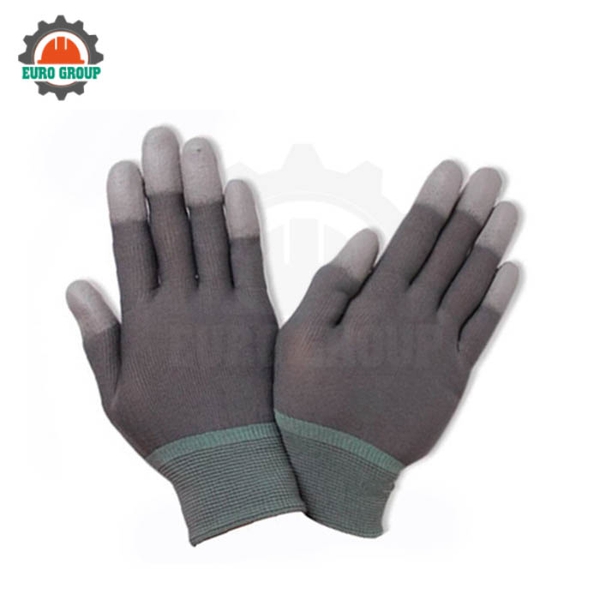 Găng Tay Sợi Poly Phủ PU Ngón Tay Màu Xám Chống Tĩnh Điện