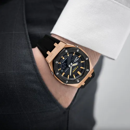 Đồng Hồ Nam G-Shock GA-2100AP Custom Viền Vàng Hồng & Đen - Dây Đeo Nhựa: Thiết Kế Lịch Lãm Và Thu Hút Trên Tay Quý Ông