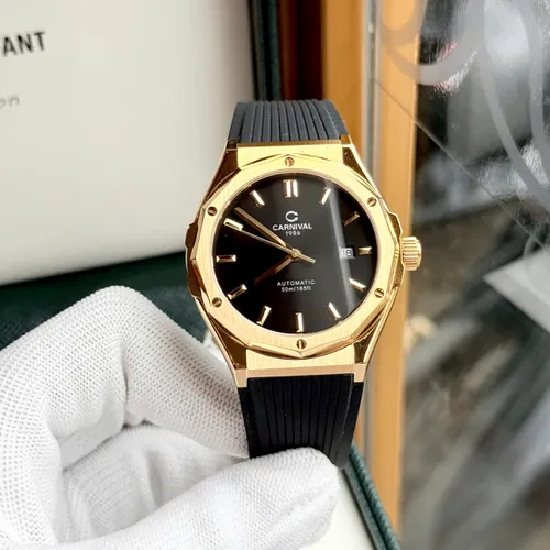 Đồng Hồ Nam Carnival 8168G-VH-DCS-D: Dây Nhựa Đen & Viền Vàng - Nét Cổ Điển Của Thời Gian