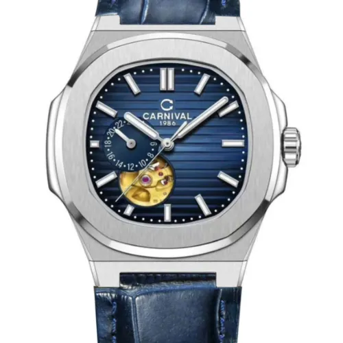 Đồng hồ Nam Carnival 8159G Rose Màu Xanh - Dây Da: Mặt Số Hình Vuông & Chi Tiết Lộ Cơ Độc Nhất