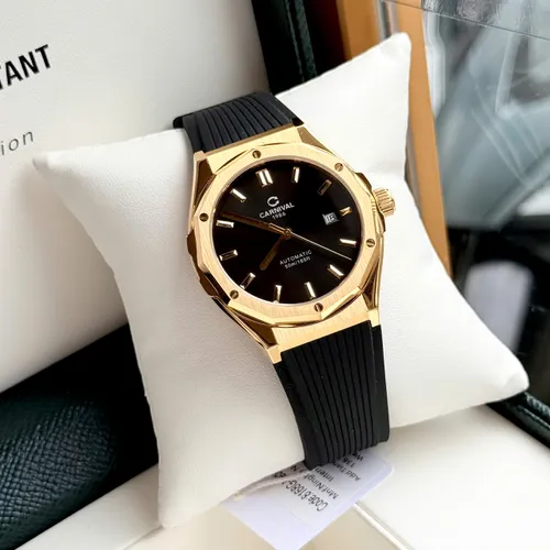 Đồng Hồ Nam Carnival 8168G-VH-DCS-D: Dây Nhựa Đen & Viền Vàng - Nét Cổ Điển Của Thời Gian