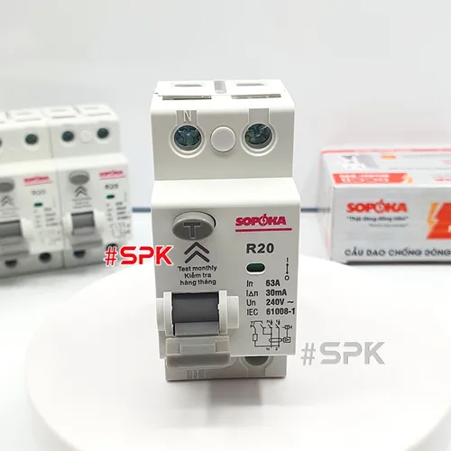 Aptomat Chống Giật RCCB 32A - 40A - 50A - 63A 1 Pha 2P 30mA Cấu Dao Chống Rò 2 Cực SOPOKA 