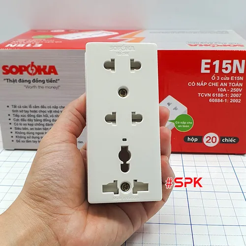 Ổ Cắm Điện Táp Lô 3 Lỗ 2200W Có Nắm Che An Toàn E15N SOPOKA