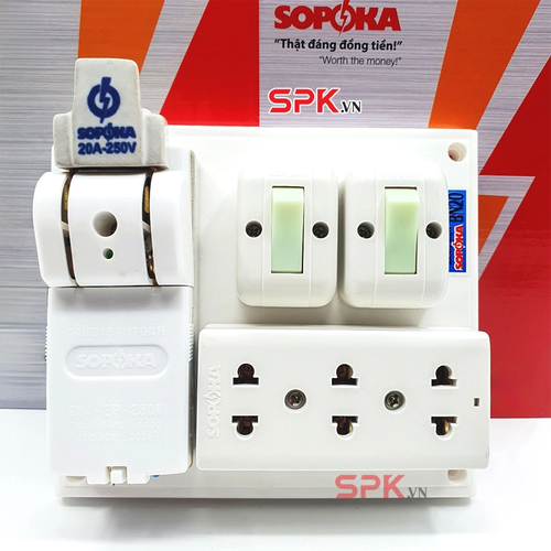 Bảng Điện 2 Công Tắc 3 Lỗ Cắm 1 Cầu Dao Sứ BN20 SOPOKA