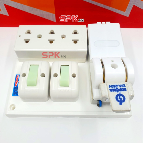 Bảng Điện 2 Công Tắc 3 Lỗ Cắm 1 Cầu Dao Sứ BN20 SOPOKA