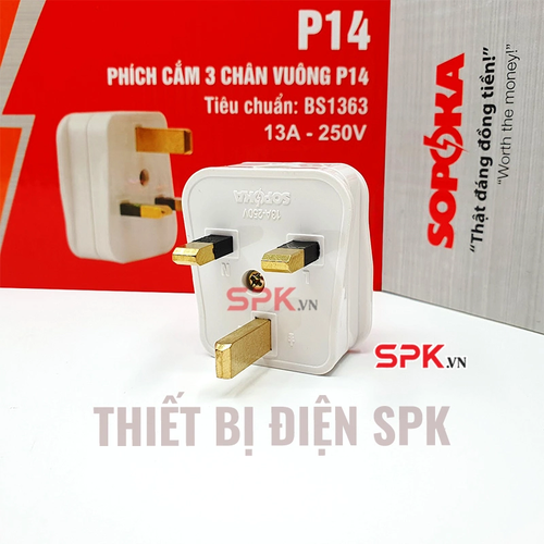 Phích Cắm 3 Chân Vuông Tiêu Chuẩn Anh BS1363 P14 SOPOKA Chịu Tải 3000W Cho Thiết Bị Công Suất Lớn