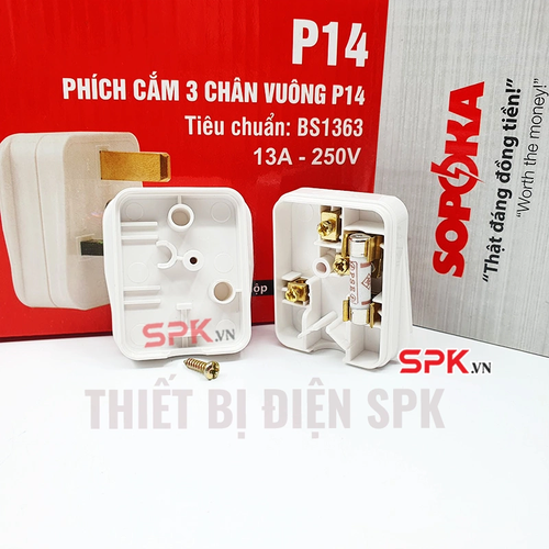Phích Cắm 3 Chân Vuông Tiêu Chuẩn Anh BS1363 P14 SOPOKA Chịu Tải 3000W Cho Thiết Bị Công Suất Lớn