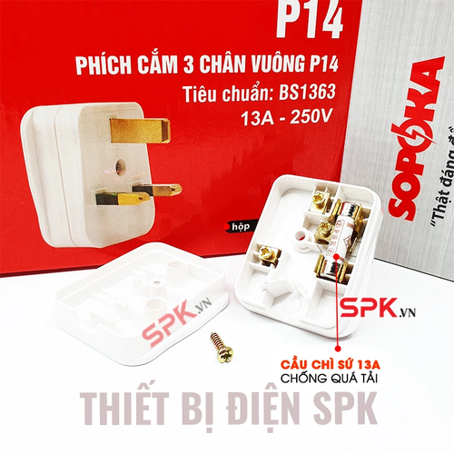 Phích Cắm 3 Chân Vuông Tiêu Chuẩn Anh BS1363 P14 SOPOKA Chịu Tải 3000W Cho Thiết Bị Công Suất Lớn