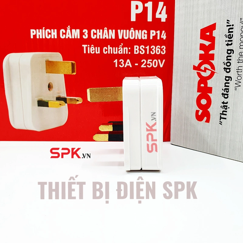Phích Cắm 3 Chân Vuông Tiêu Chuẩn Anh BS1363 P14 SOPOKA Chịu Tải 3000W Cho Thiết Bị Công Suất Lớn