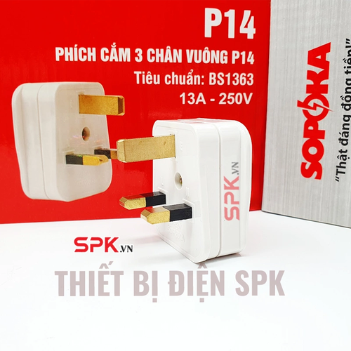Phích Cắm 3 Chân Vuông Tiêu Chuẩn Anh BS1363 P14 SOPOKA Chịu Tải 3000W Cho Thiết Bị Công Suất Lớn