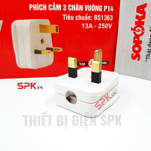 Phích Cắm 3 Chân Vuông Tiêu Chuẩn Anh BS1363 P14 SOPOKA Chịu Tải 3000W Cho Thiết Bị Công Suất Lớn