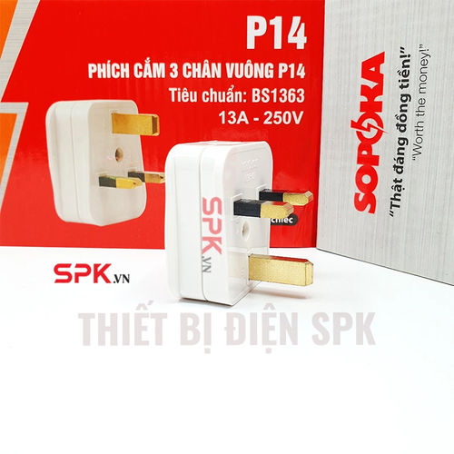 Phích Cắm 3 Chân Vuông Tiêu Chuẩn Anh BS1363 P14 SOPOKA Chịu Tải 3000W Cho Thiết Bị Công Suất Lớn